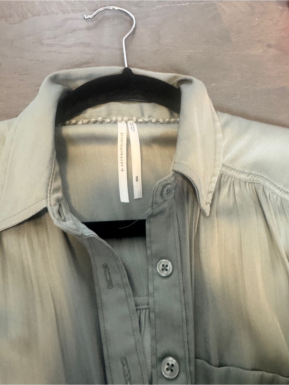 Anthropologie Sage Green Silky Button Down Tunic Blouse Pom Pom Trim XXS
